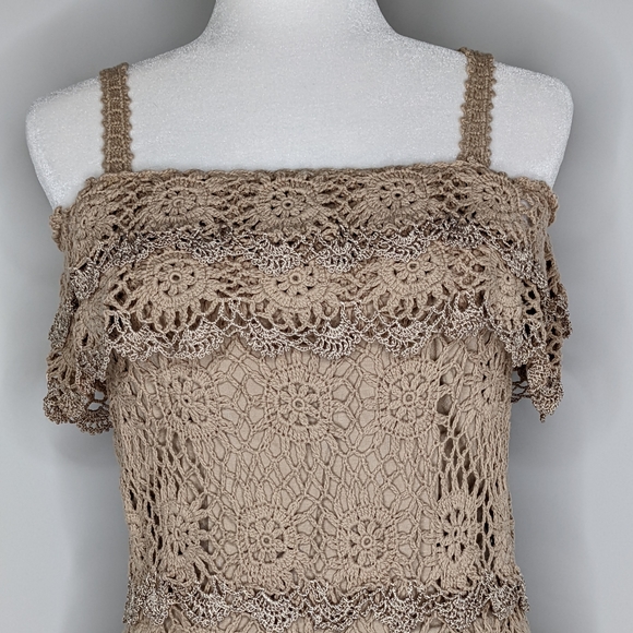 Boston Proper EUC crochet cold shoulder ruffles dress metallic small taupe brown - Picture 4 of 16